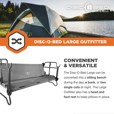 Disc-O-Bed Large Outfitter Bunk Benchable Double Cot w/ Storage Organizers, Gray