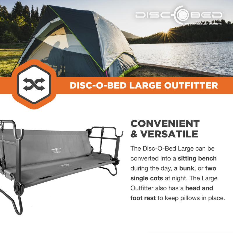 Disc-O-Bed Large Outfitter Bunk Benchable Double Cot w/ Storage Organizers, Gray