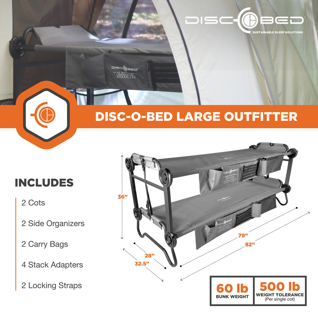 Disc-O-Bed Large Outfitter Bunk Benchable Double Cot w/ Storage Organizers, Gray