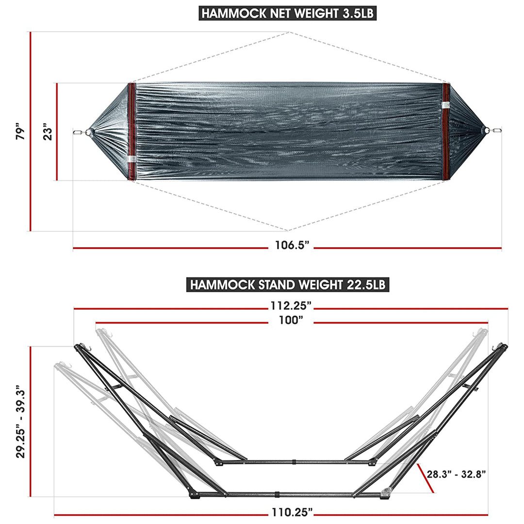 Tranquillo 106.5" Double Hammock with Adjustable Stand and Bag, Gray (Used)