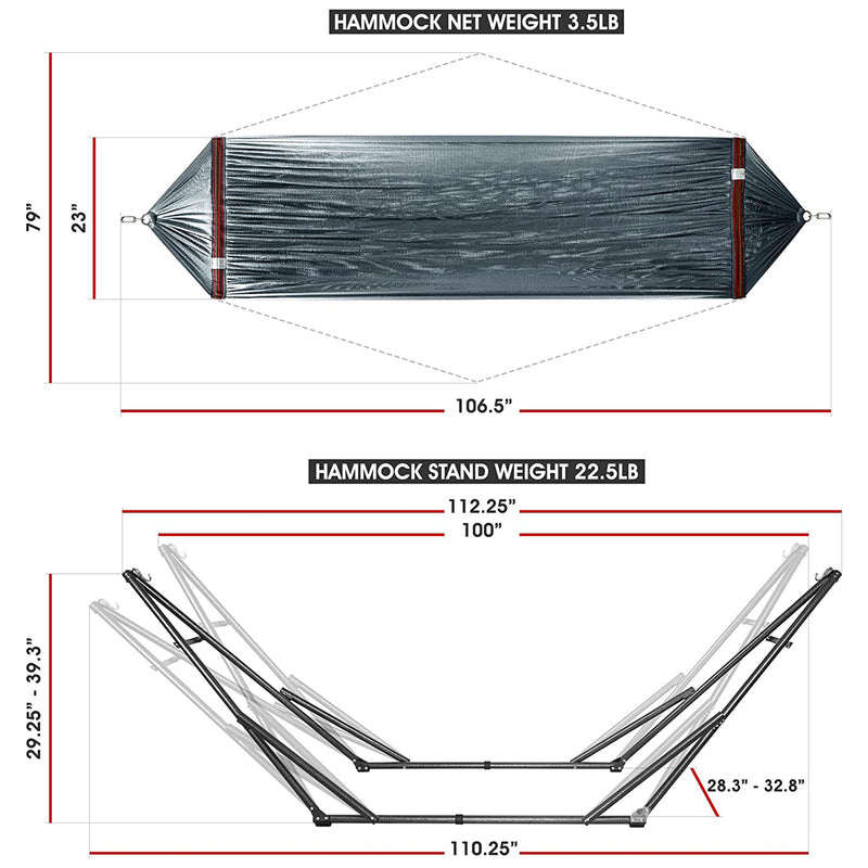 Tranquillo 106.5" Double Hammock with Adjustable Stand and Bag, Gray (Used)