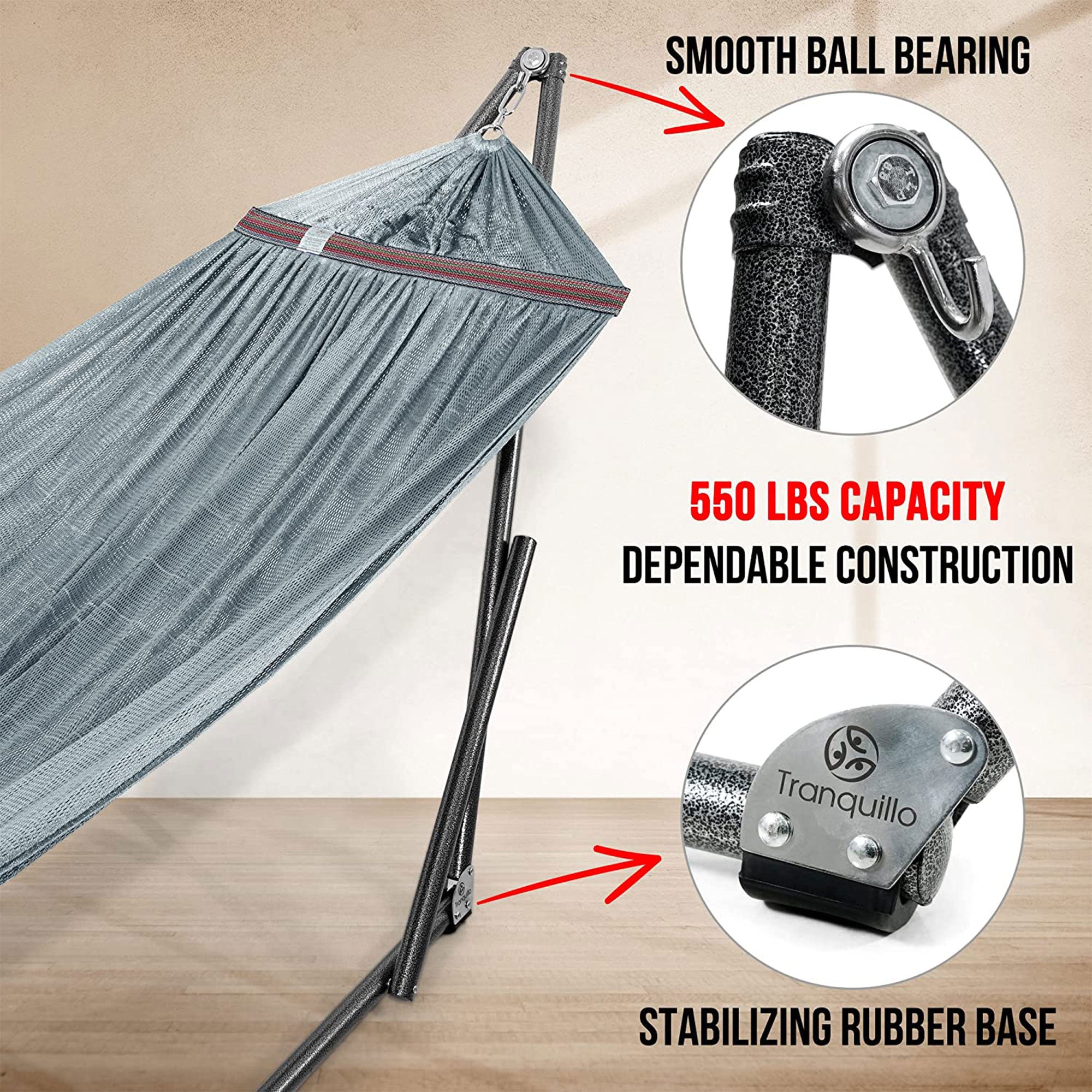 Tranquillo 106.5" Double Hammock with Adjustable Stand and Bag, Gray (Used) - VMInnovations