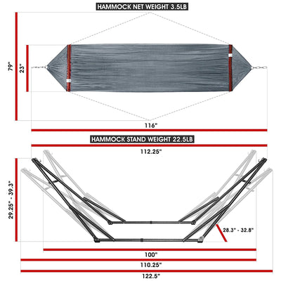 Tranquillo Universal 116" Double Hammock with Adjustable Stand & Bag, Gray(Used) - VMInnovations