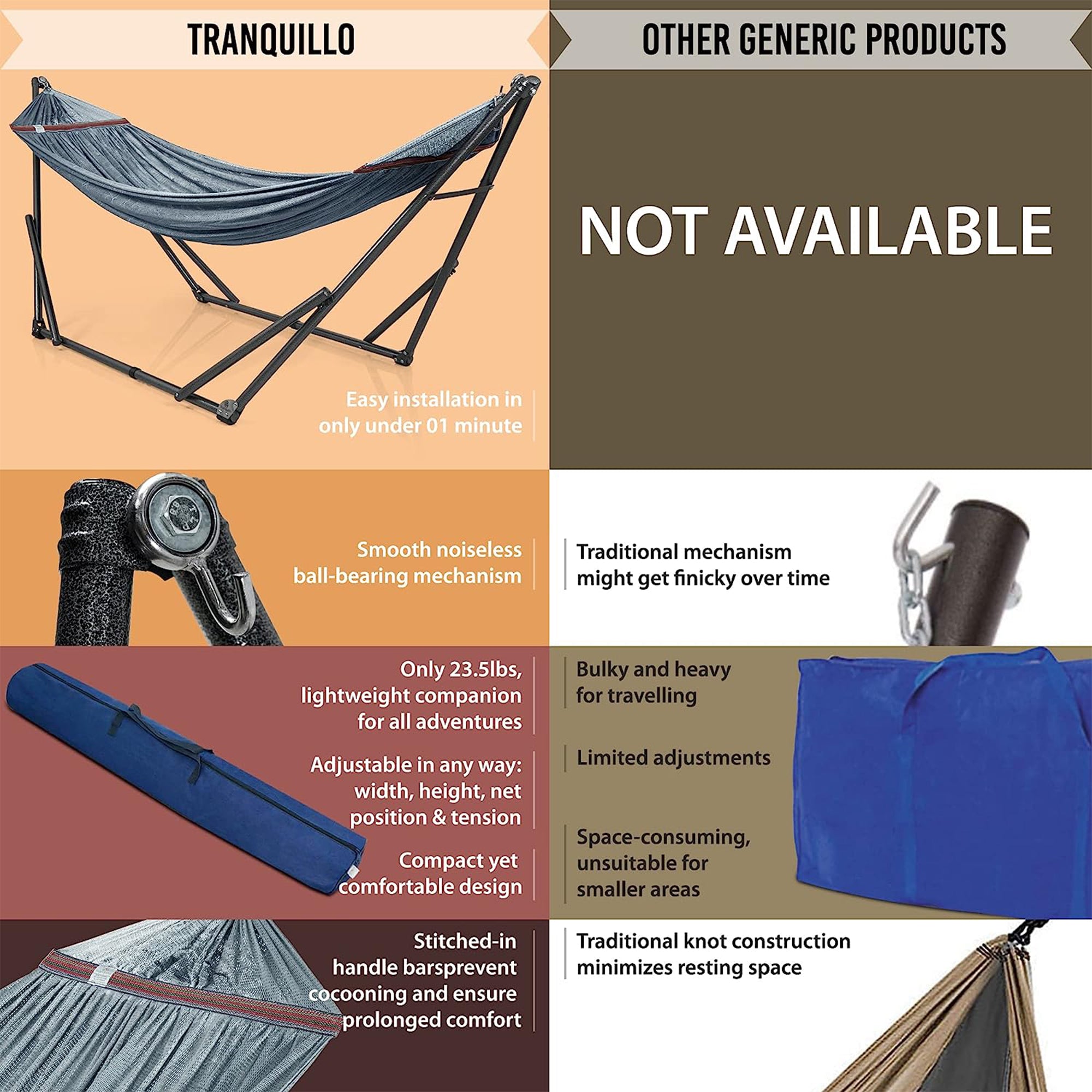 Tranquillo Universal 116" Double Hammock with Adjustable Stand and Bag, Gray - VMInnovations