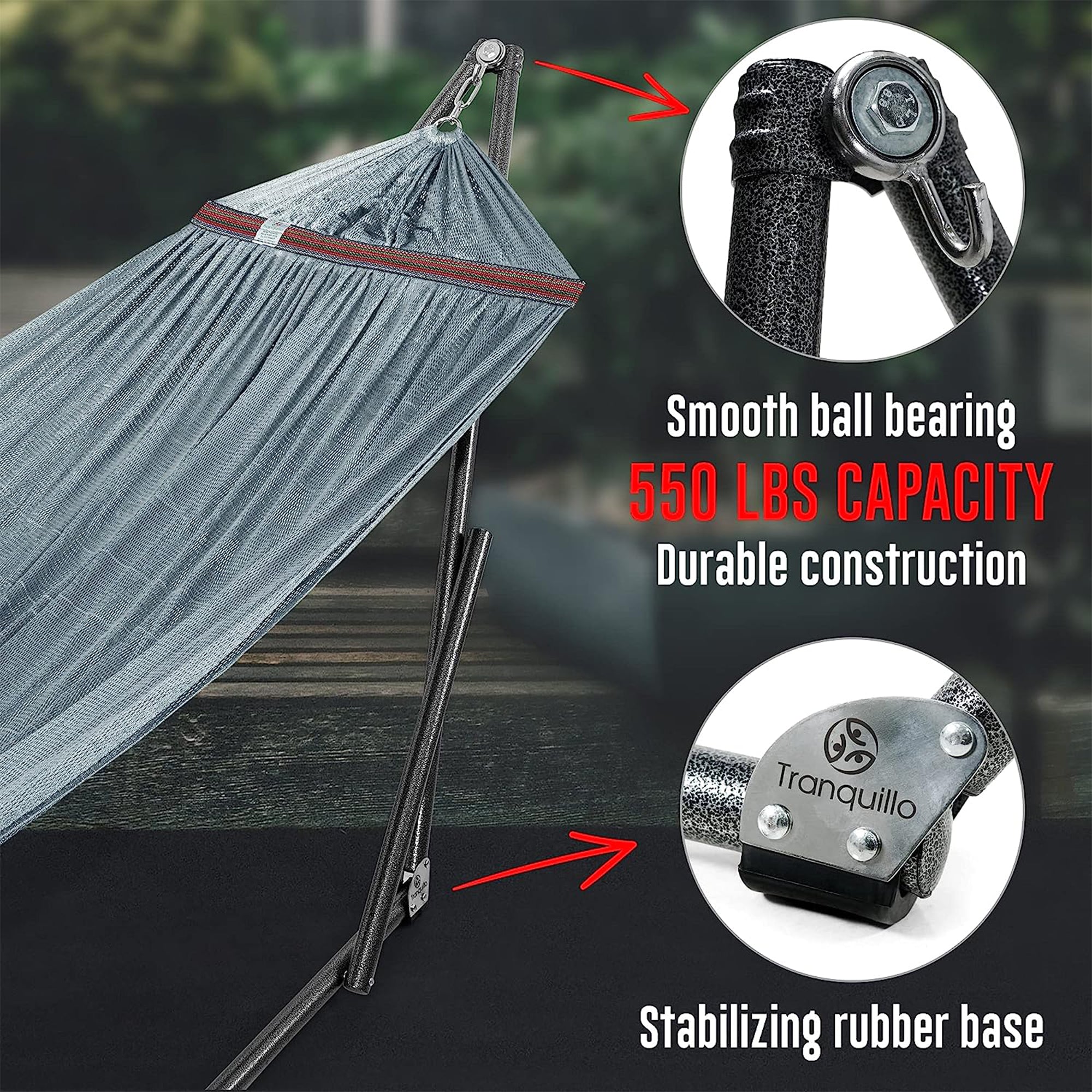 Tranquillo Universal 116" Double Hammock with Adjustable Stand and Bag, Gray - VMInnovations