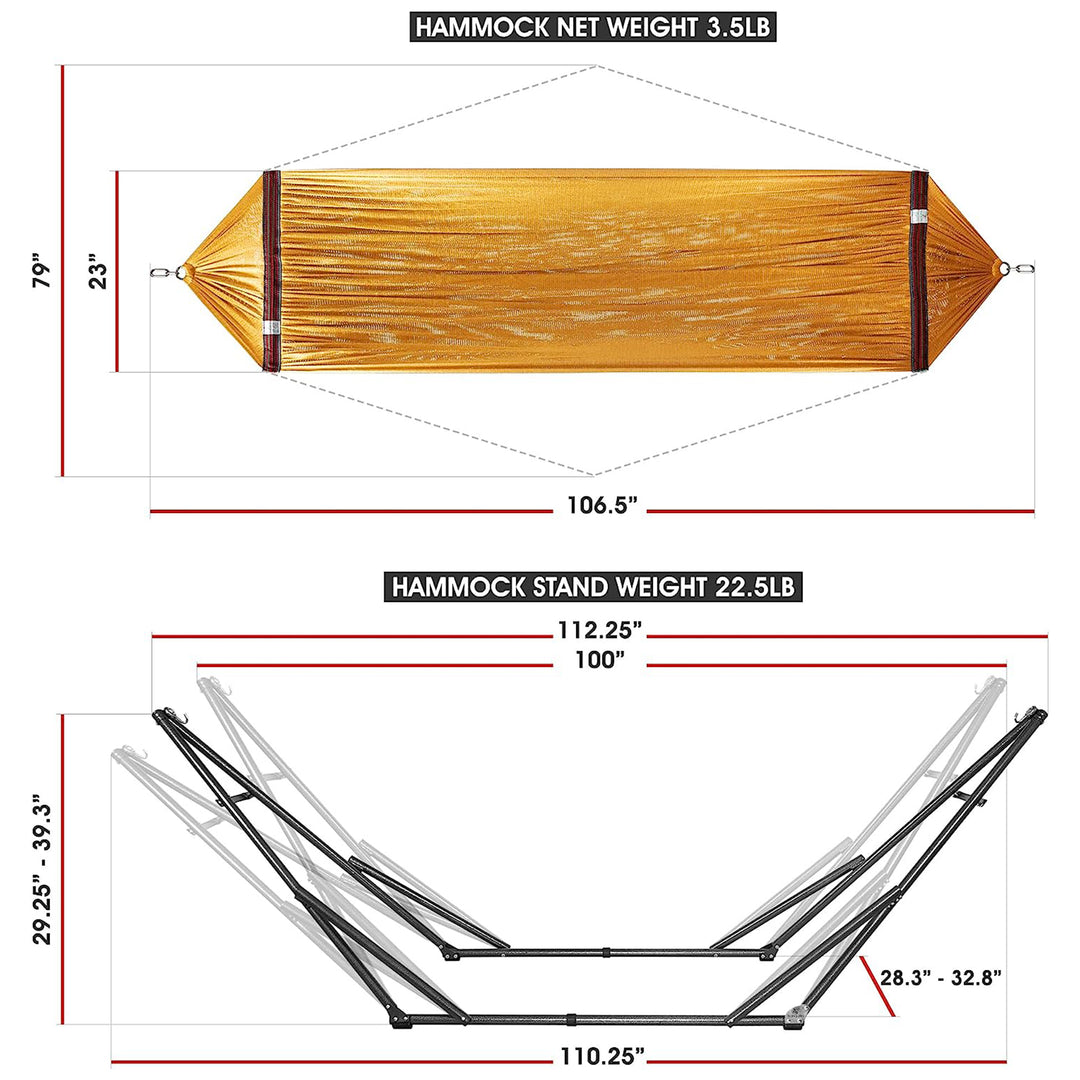 Tranquillo Universal 106.5" Double Hammock with Adjustable Stand and Bag, Yellow