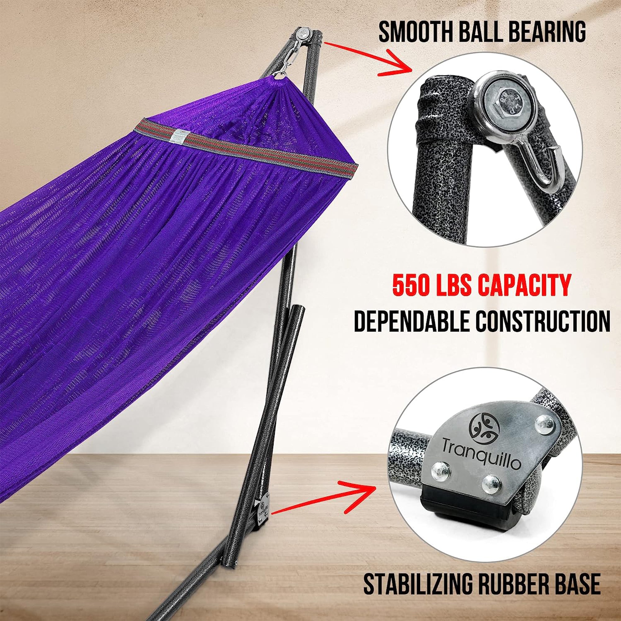 Tranquillo 106.5" Double Hammock with Adjustable Stand and Bag, Purple (Used) - VMInnovations