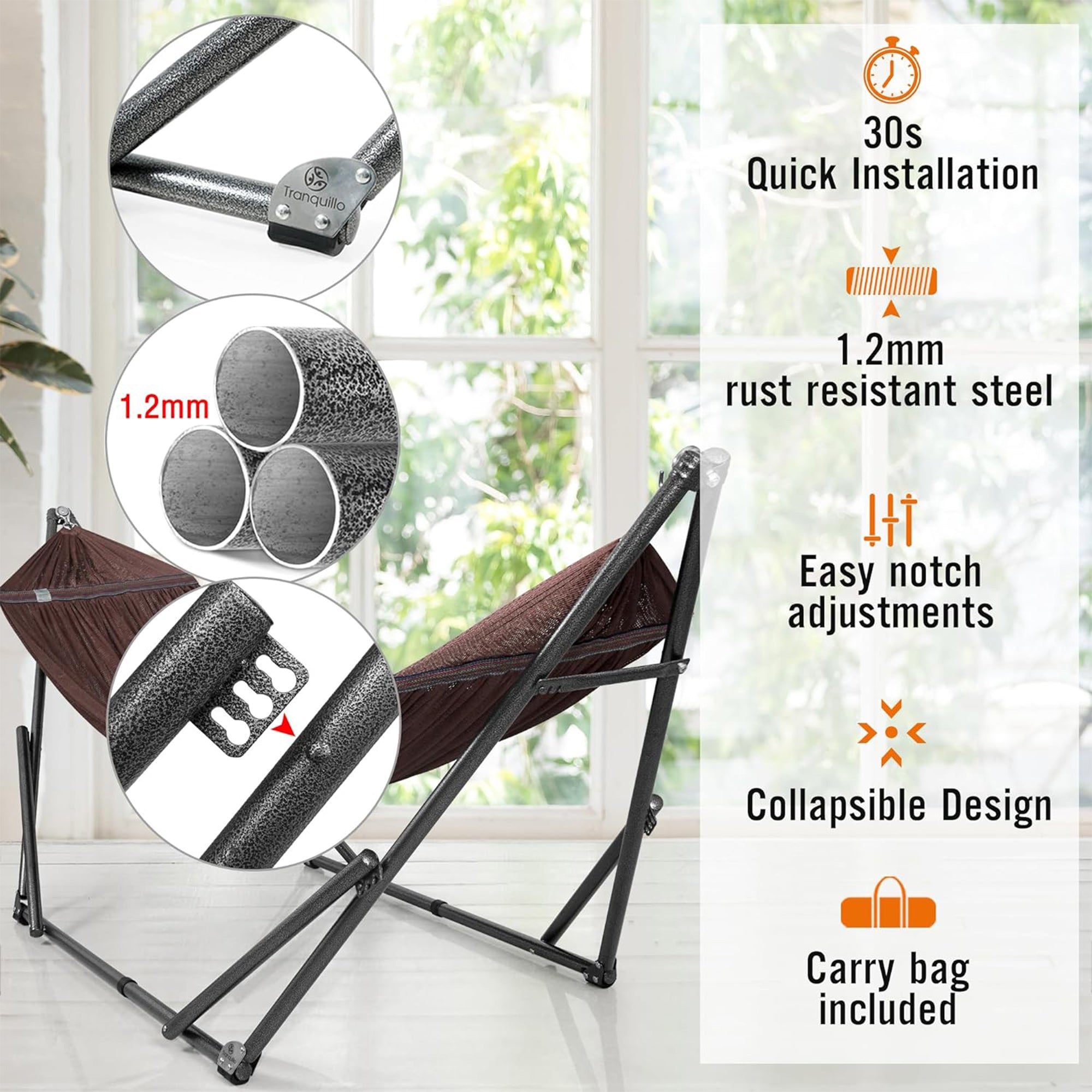 Tranquillo Universal 116" Double Hammock w/Adjustable Stand and Bag, Brown(Used) - VMInnovations