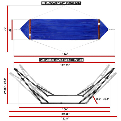 Tranquillo Universal 116" Double Hammock with Adjustable Stand and Bag, Blue