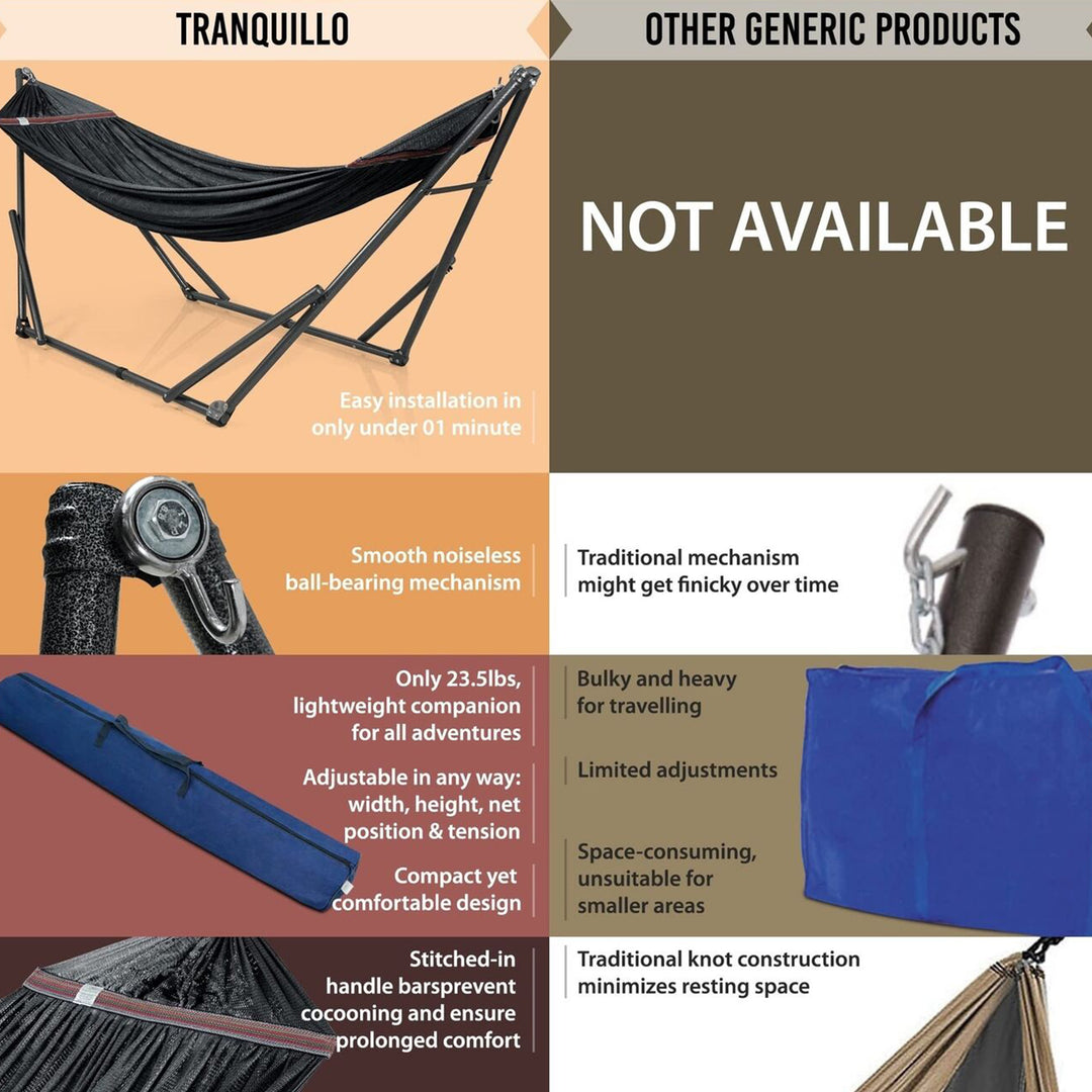 Tranquillo Universal 116" Double Hammock with Adjustable Stand and Bag, Black