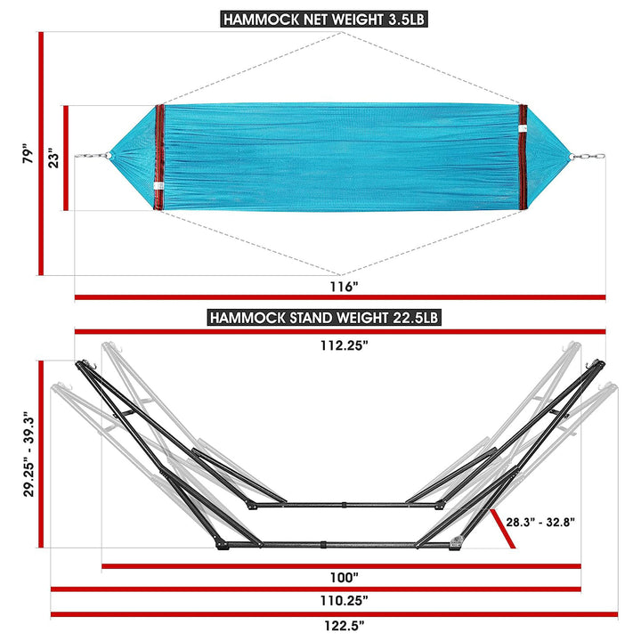 Tranquillo Universal 116" Double Hammock with Adjustable Stand and Bag, Sky Blue