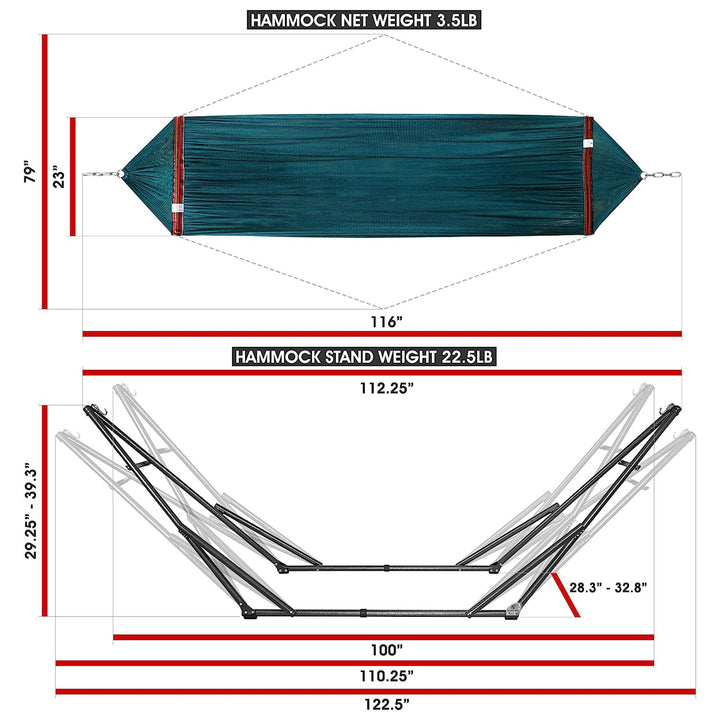 Tranquillo Universal 116" Double Hammock with Adjustable Stand and Bag, Peacock