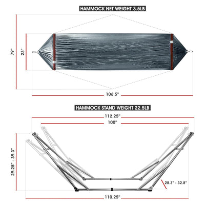 Tranquillo 106" Double Hammock with Adjustable Stand and Bag, Grey (Used)