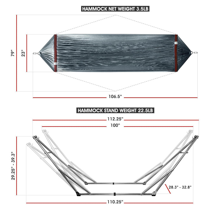 Tranquillo Universal 106" Double Hammock with Adjustable Stand and Bag, Grey