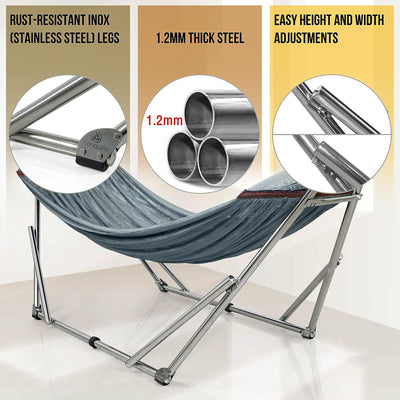 Tranquillo Universal 106" Double Hammock with Adjustable Stand and Bag, Grey