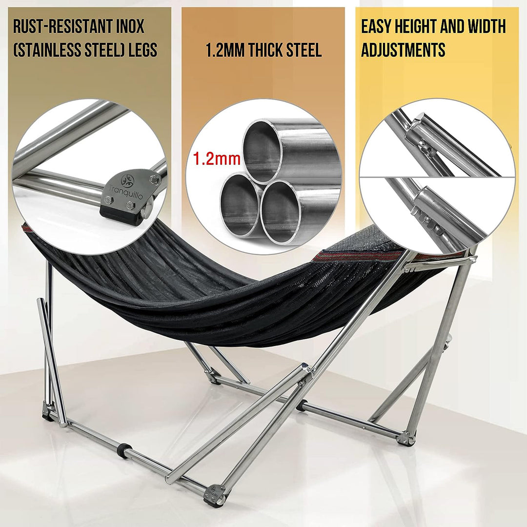 Tranquillo Universal 106" Double Hammock with Adjustable Stand and Bag, Black