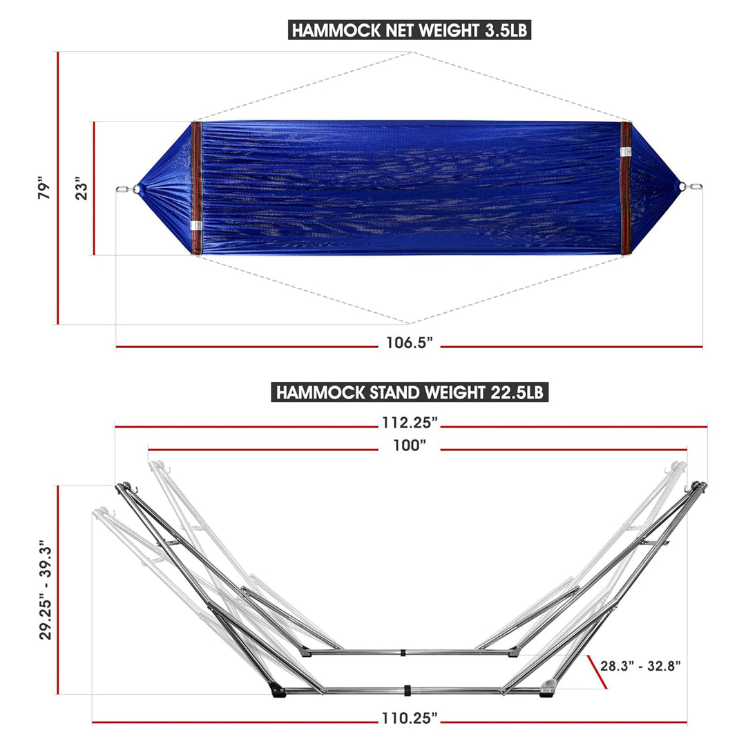 Tranquillo Universal 106" Double Hammock with Adjustable Stand and Bag, Blue