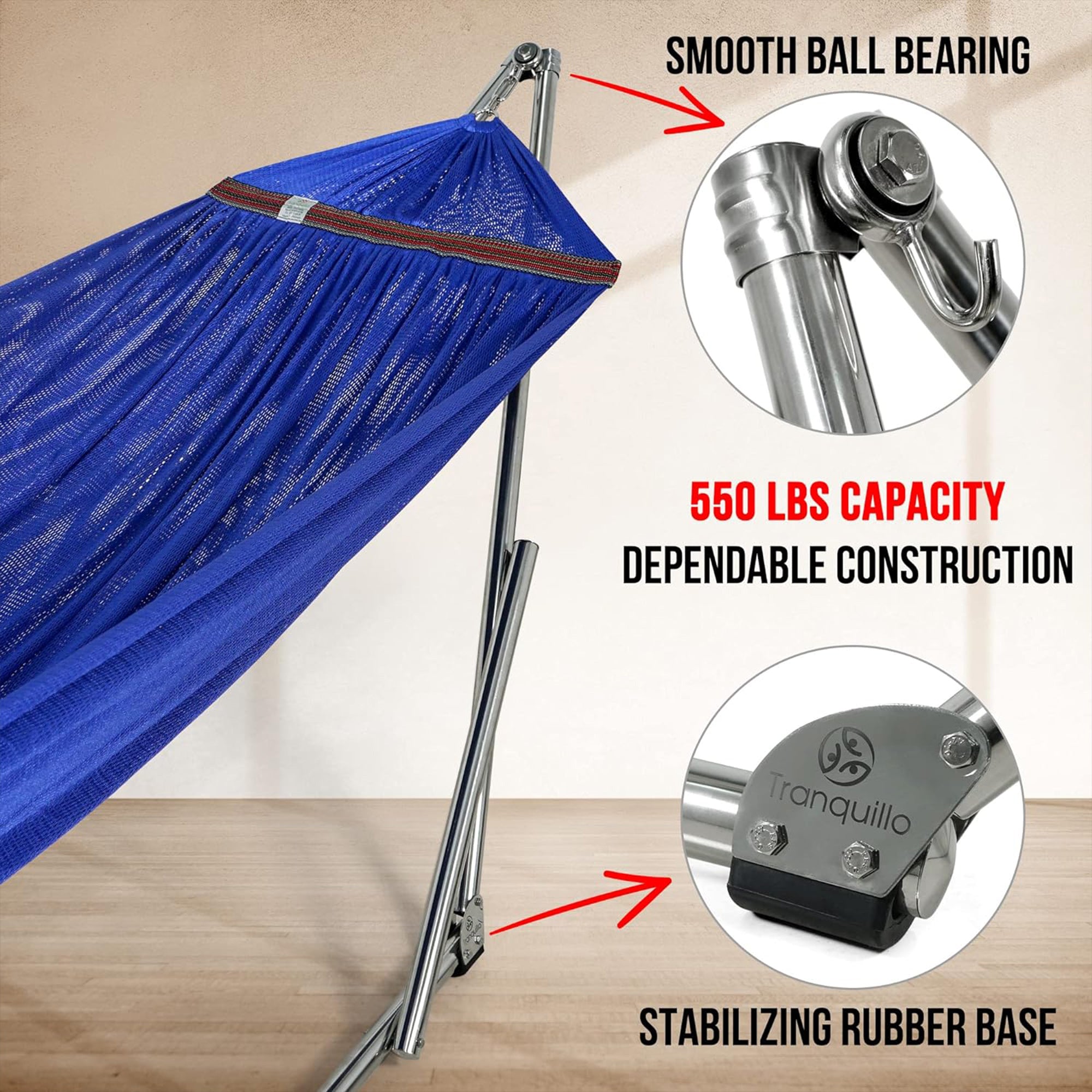 Tranquillo 106" Double Hammock with Adjustable Stand and Bag, Blue (Open Box)