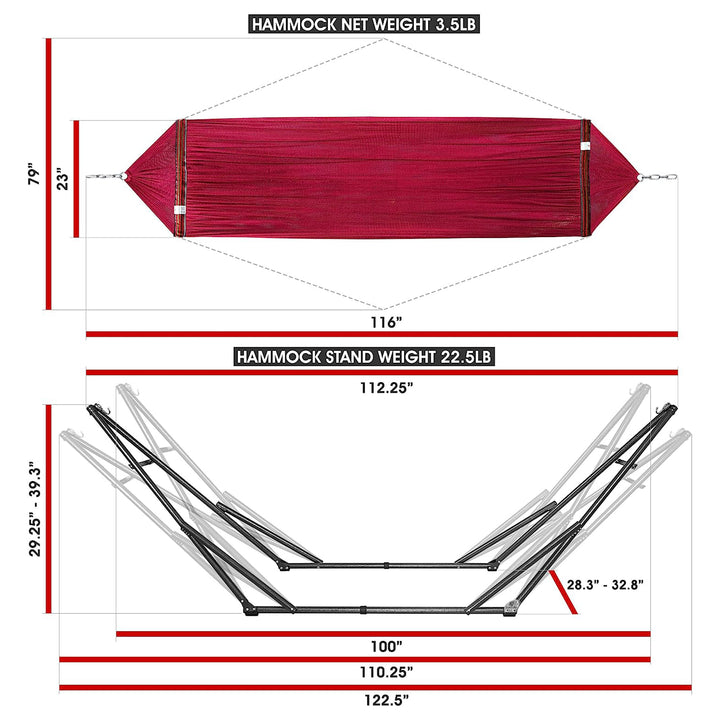 Tranquillo Universal 116" Double Hammock with Adjustable Stand and Bag, Red