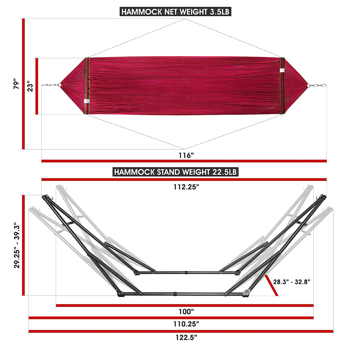 Tranquillo 116" Double Hammock with Adjustable Stand and Bag, Red (Used) - VMInnovations