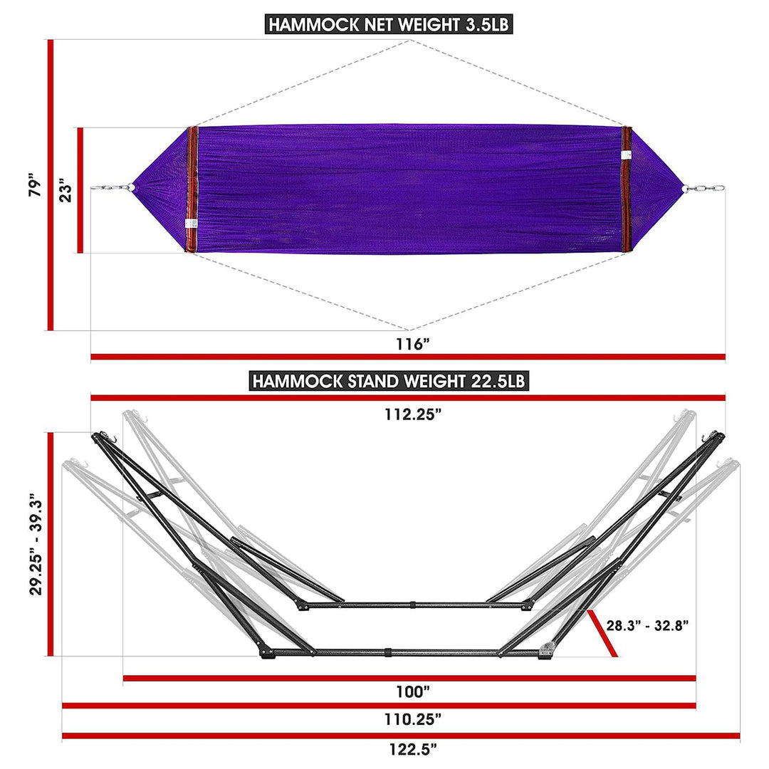 Tranquillo Universal 116" Double Hammock with Adjustable Stand and Bag, Purple