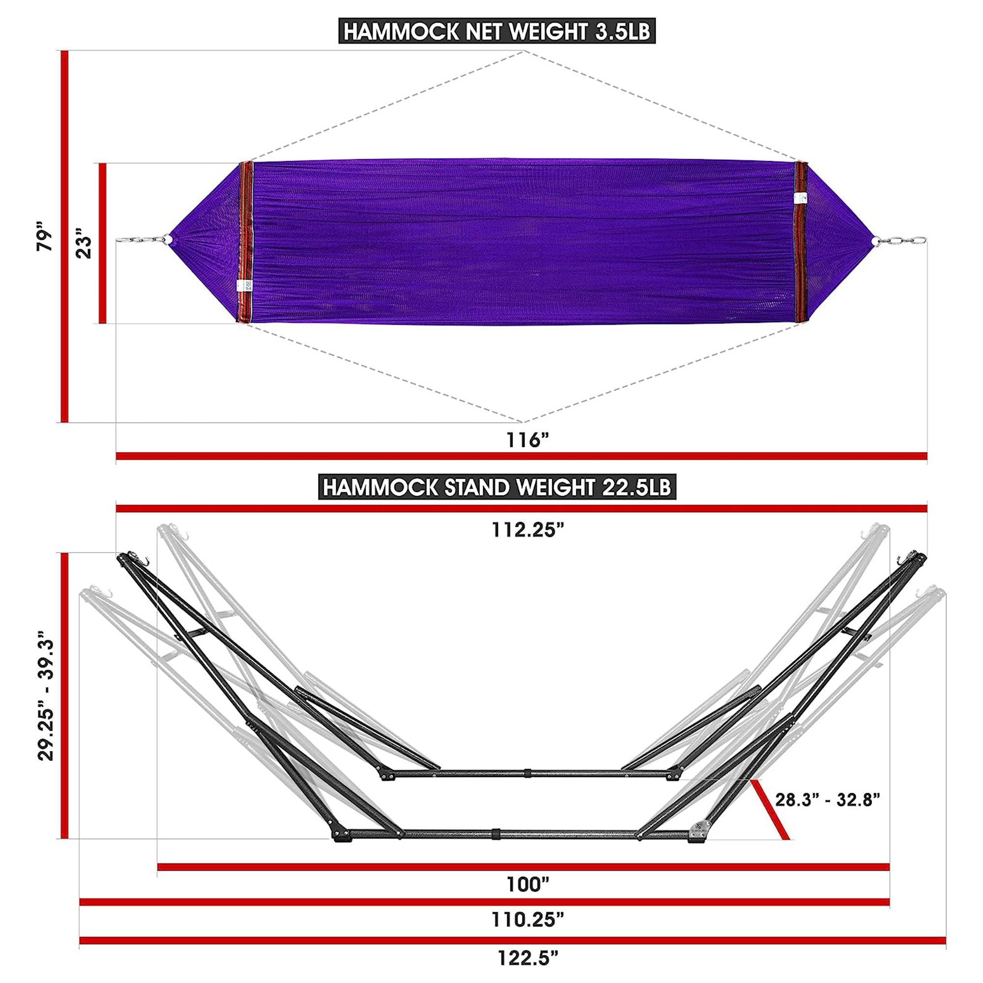 Tranquillo Universal 116" Double Hammock w/ Adj Stand & Bag, Purple(Open Box) - VMInnovations