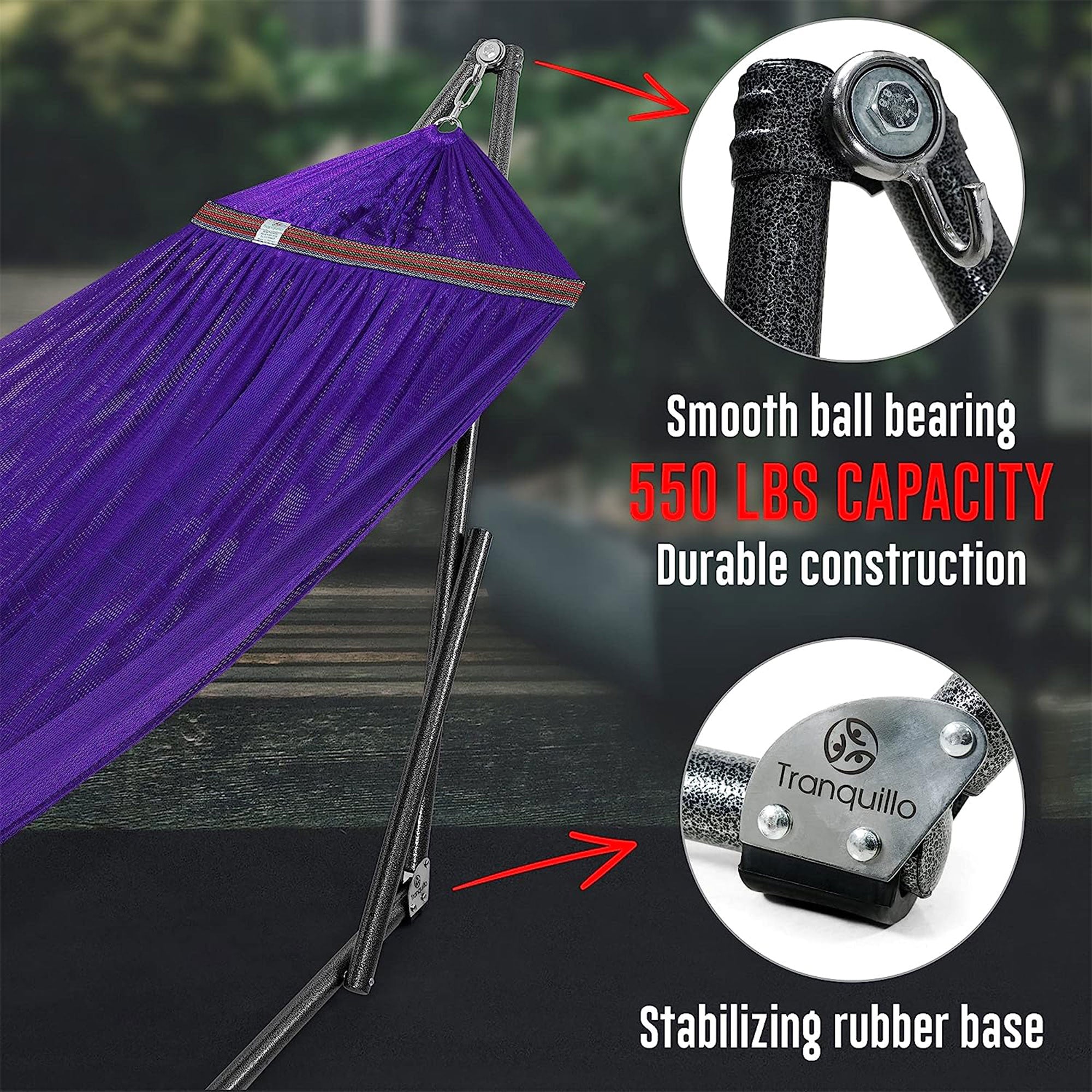 Tranquillo Universal 116" Double Hammock w/ Adj Stand & Bag, Purple(Open Box) - VMInnovations