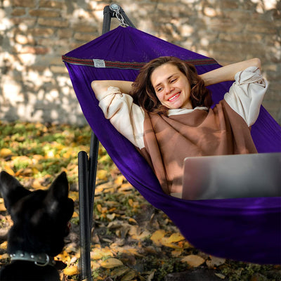 Tranquillo Universal 116" Double Hammock w/ Adj Stand & Bag, Purple(Open Box) - VMInnovations