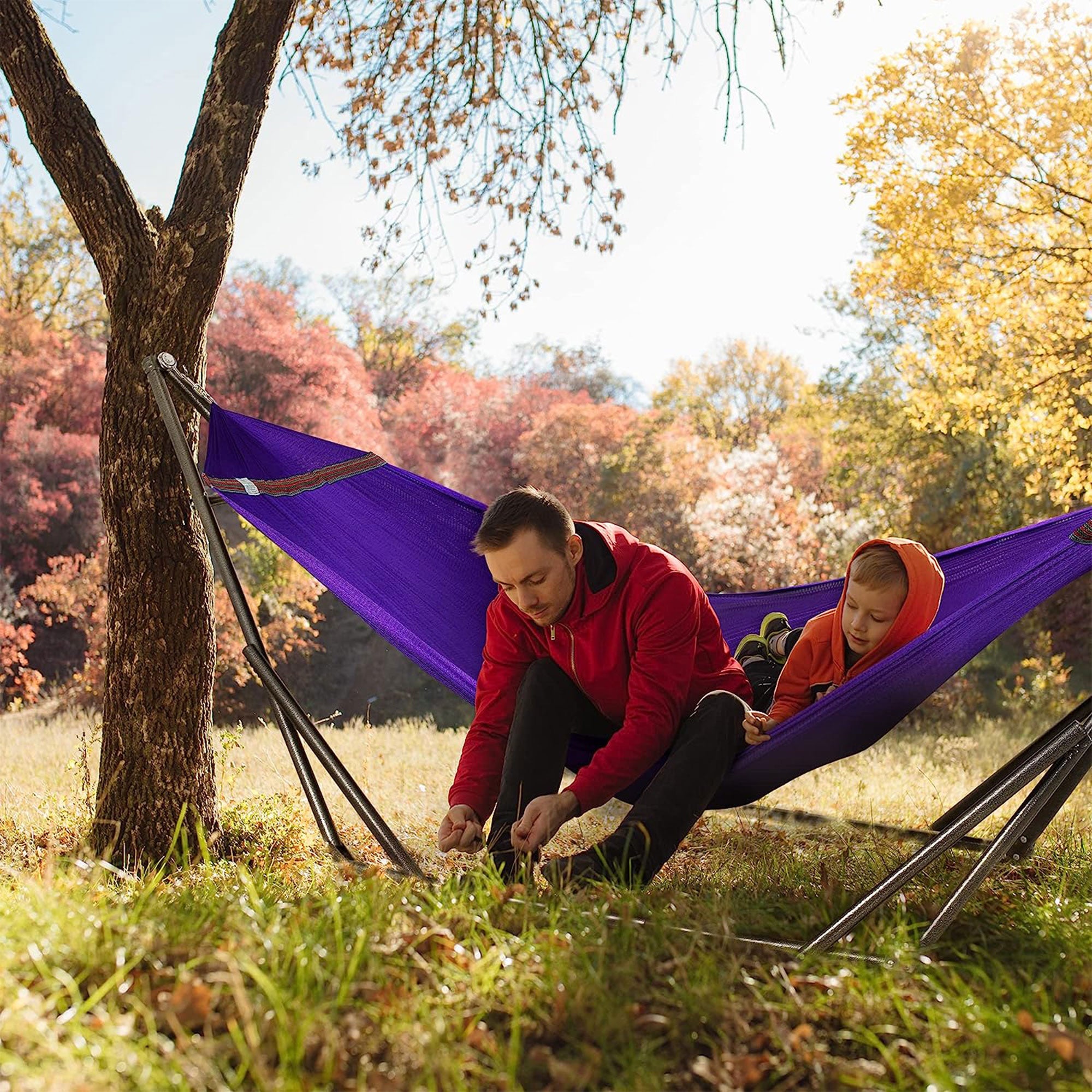 Tranquillo Universal 116" Double Hammock w/ Adj Stand & Bag, Purple(Open Box) - VMInnovations