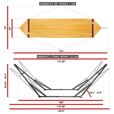 Tranquillo Universal 116" Double Hammock with Adjustable Stand and Bag, Yellow