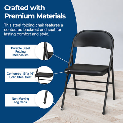 MECO Sudden Comfort All Steel Indoor Outdoor Folding Chair, Black Lace(Set of 4)