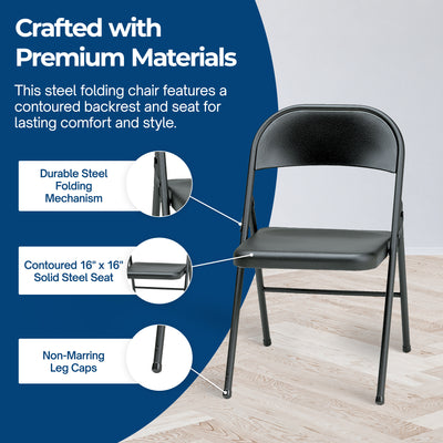 MECO Sudden Comfort All Steel Indoor Outdoor Folding Chair Set, Black (Set of 4)