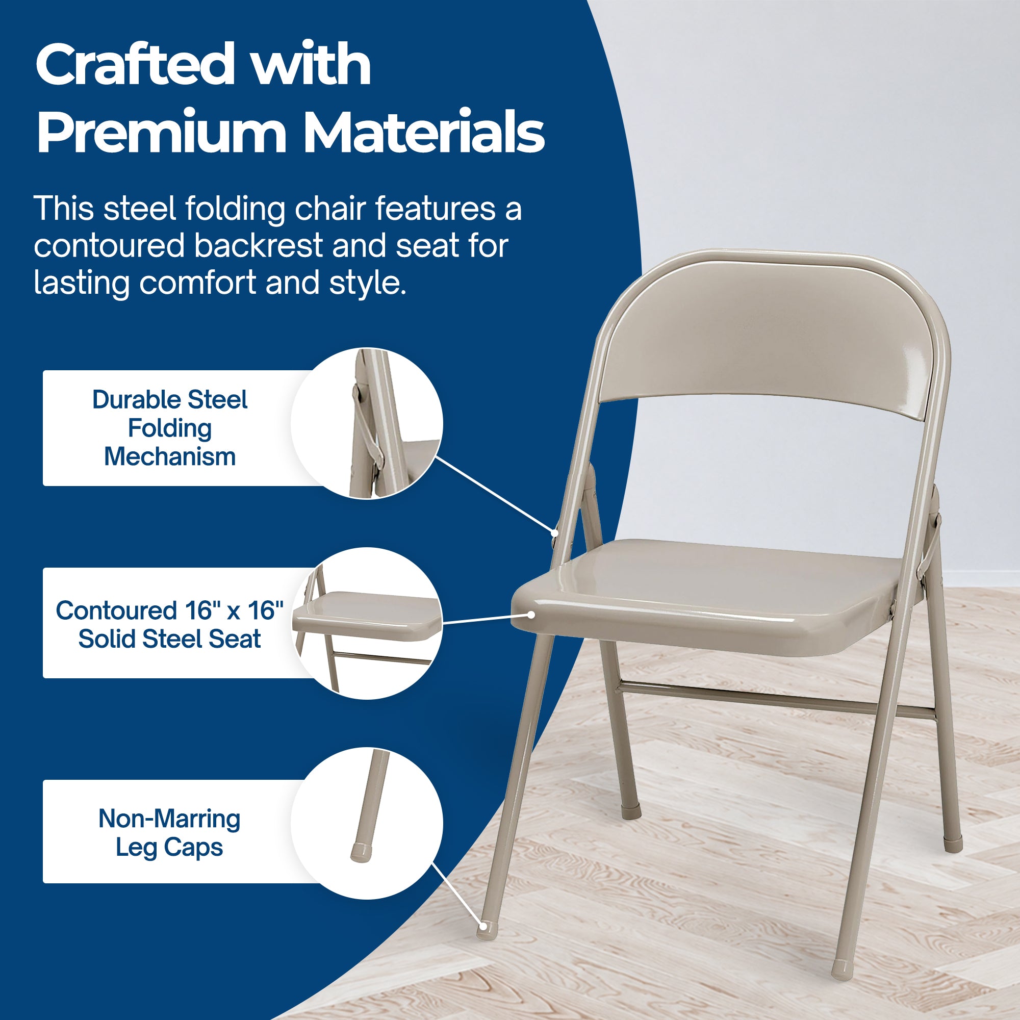 MECO Sudden Comfort All Steel Indoor Outdoor Folding Chair Set, Buff (Set of 4)