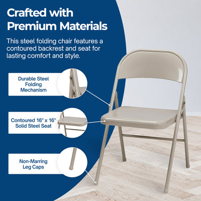 MECO Sudden Comfort All Steel Indoor Outdoor Folding Chair Set, Buff (Set of 4)