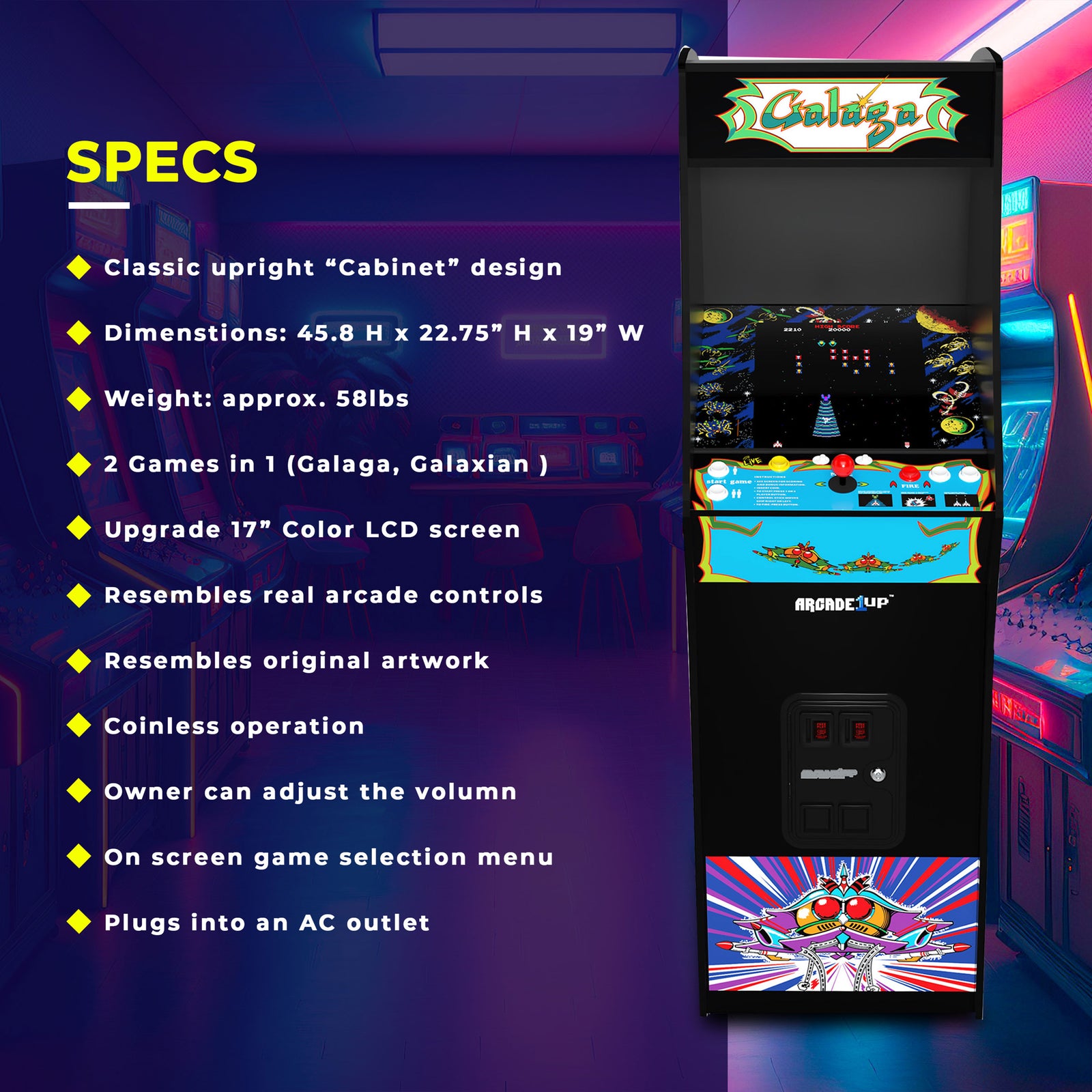 Arcade1Up GALAGA Deluxe 14 Games in 1, 5 Foot Stand-Up Arcade Machine (Open Box) - VMInnovations