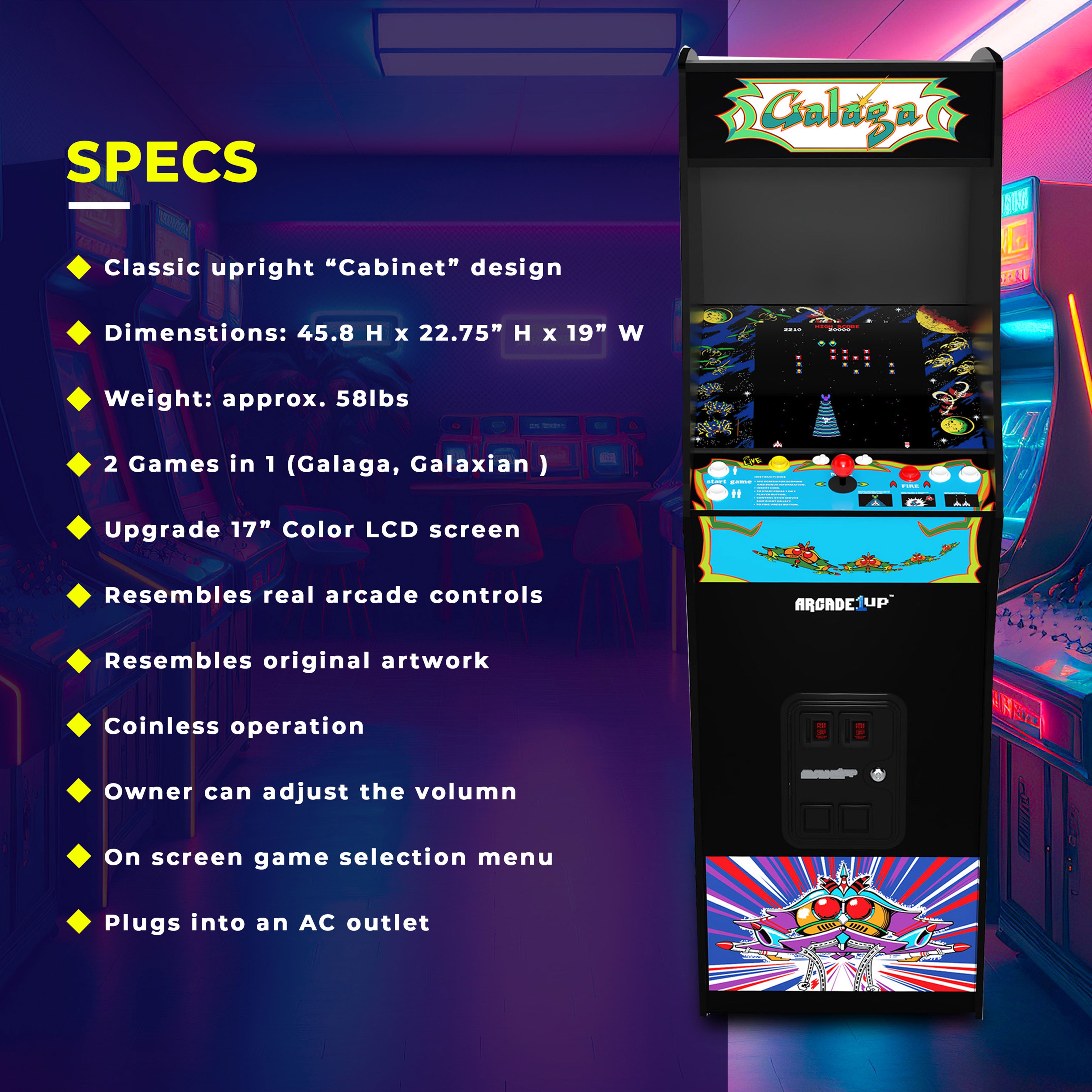 Arcade1Up GALAGA Deluxe 14 Games in 1, 5 Foot Stand-Up Arcade Machine (Open Box) - VMInnovations