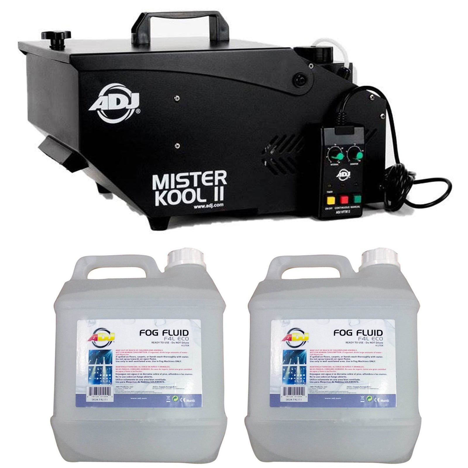 ADJ Low-Lying Water-Based Fog Machine, Black & 4 Liter Fog Liquid Juice, 2 Pack - VMInnovations