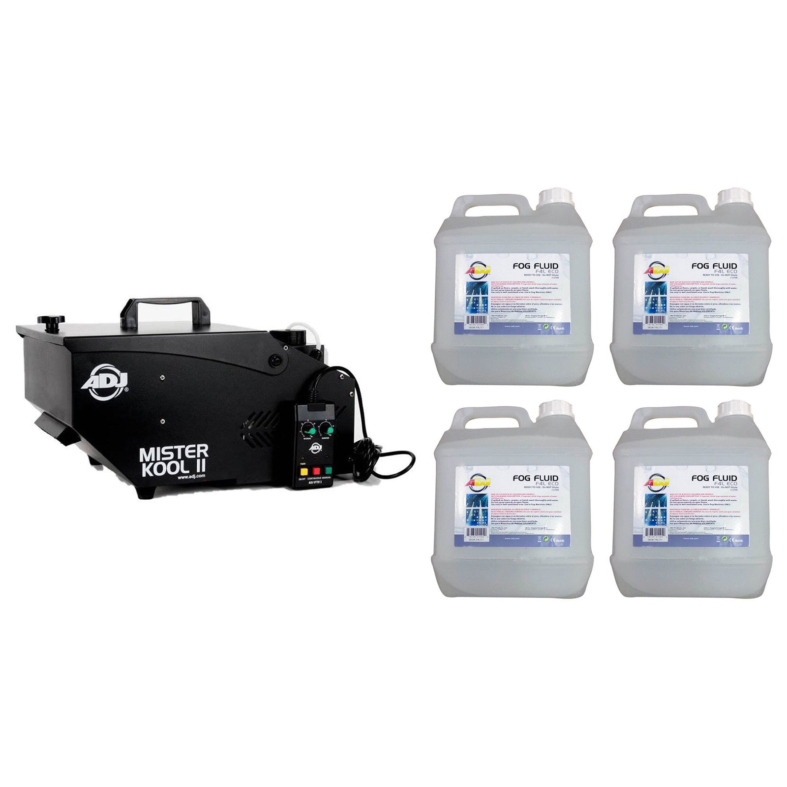 ADJ Low-Lying Water-Based Fog Machine, Black & 4 Liter Fog Liquid Juice, 4 Pack - VMInnovations