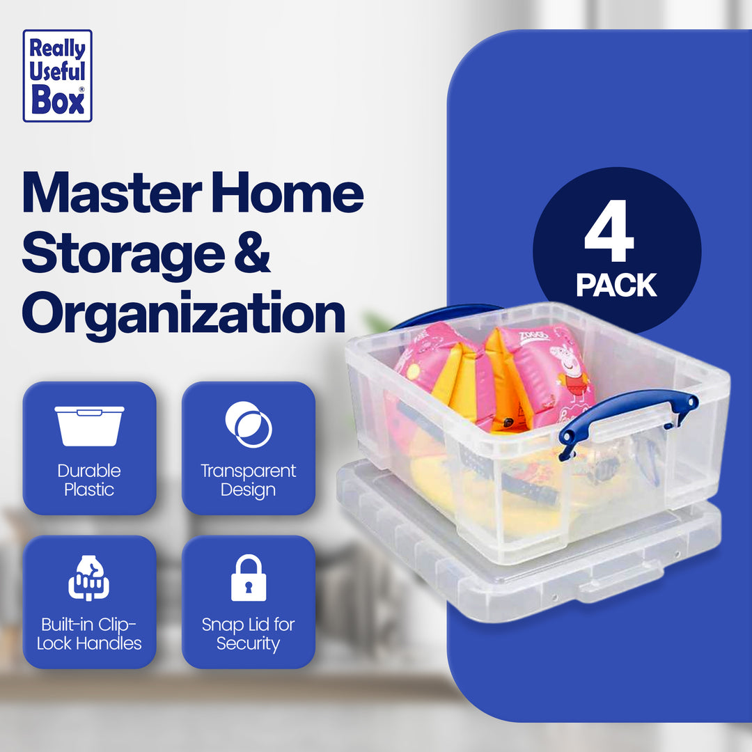 Really Useful Box 17L Storage Container with Lid and Clip Lock Handles, (4 Pack)