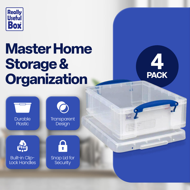 Really Useful Box 8.1L Plastic Storage Container with Clip Lock Handle (4 Pack)