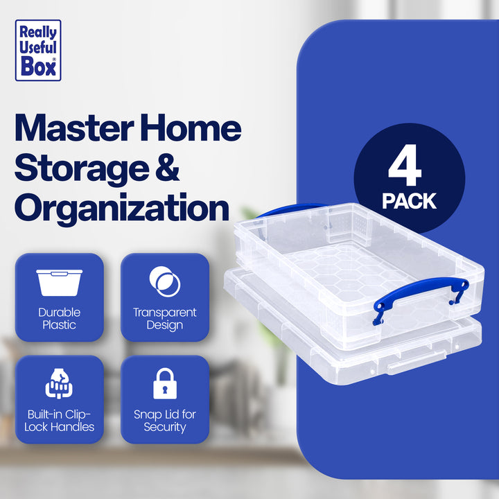 Really Useful Box 4L Storage Container with Lid and Clip Lock Handles, (4 Pack)