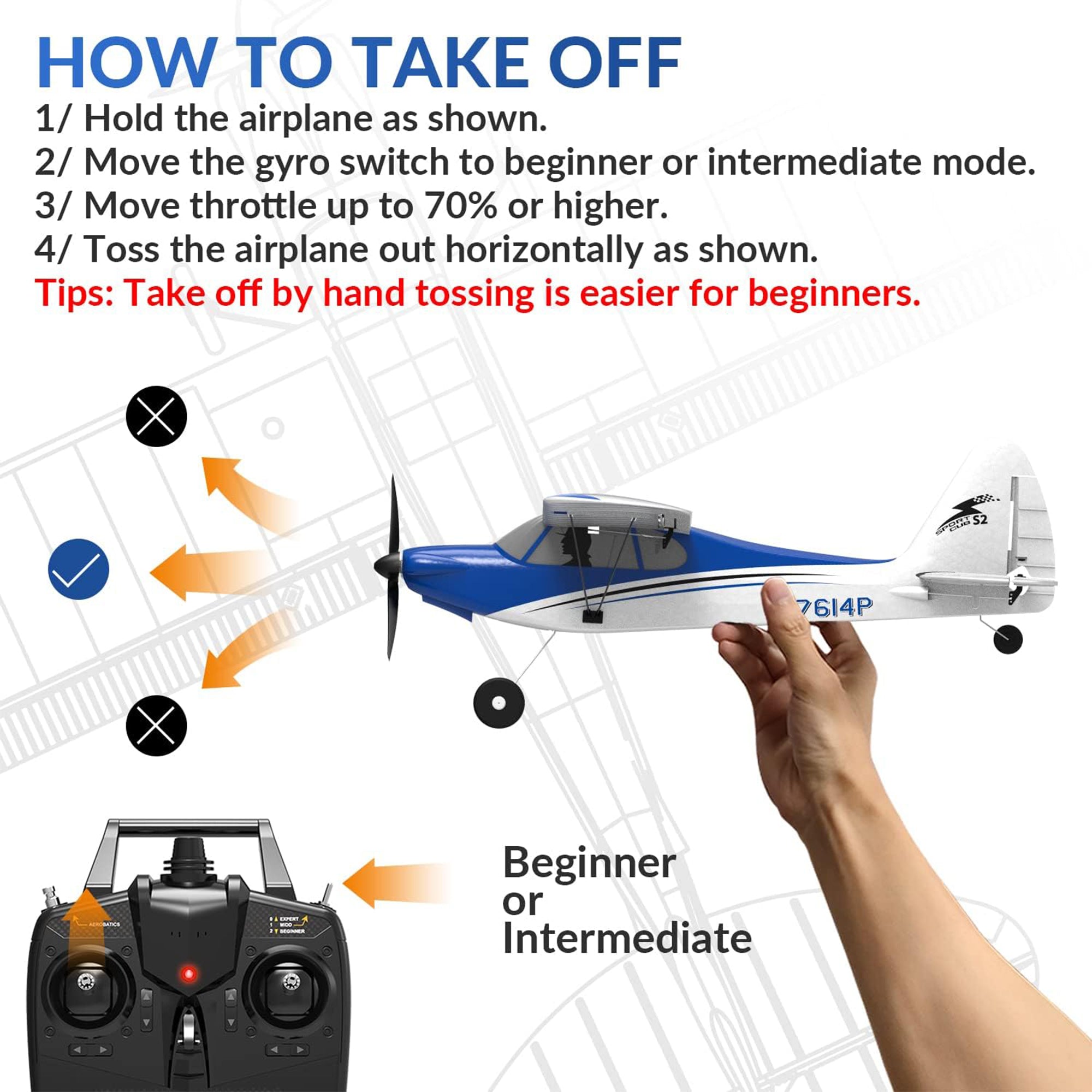 VOLANTEXRC Sport 500 Ready to Fly RC Airplane w/Gyro Stabilizer, Blue(For Parts) - VMInnovations