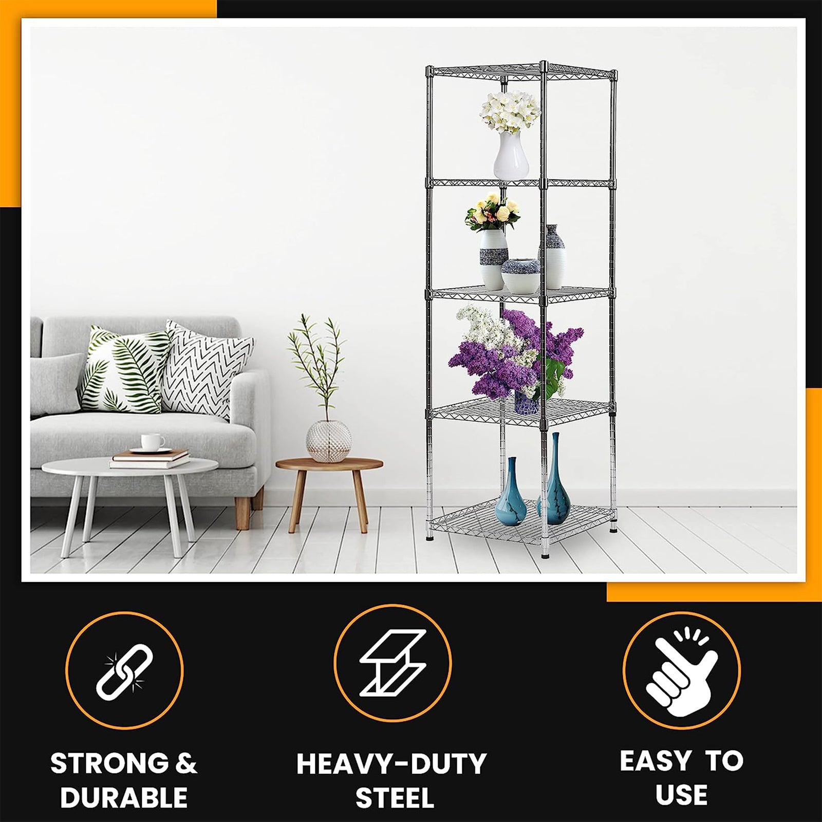 Juggernaut Storage Slim Spacesaver 5 Tier Steel Home Shelving Unit Tower, Chrome - VMInnovations