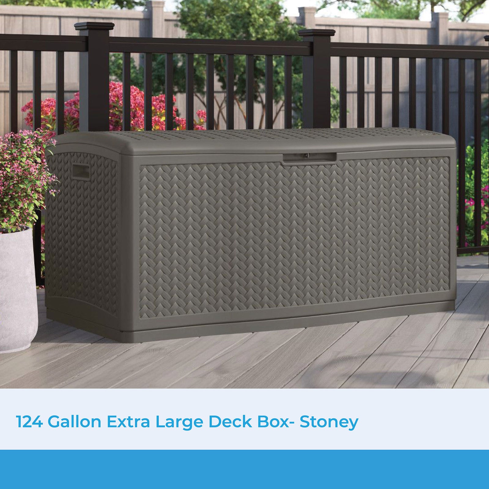 Suncast 124 Gallon All-Weather Outdoor Herringbone Storage Deck Box, Stoney - VMInnovations