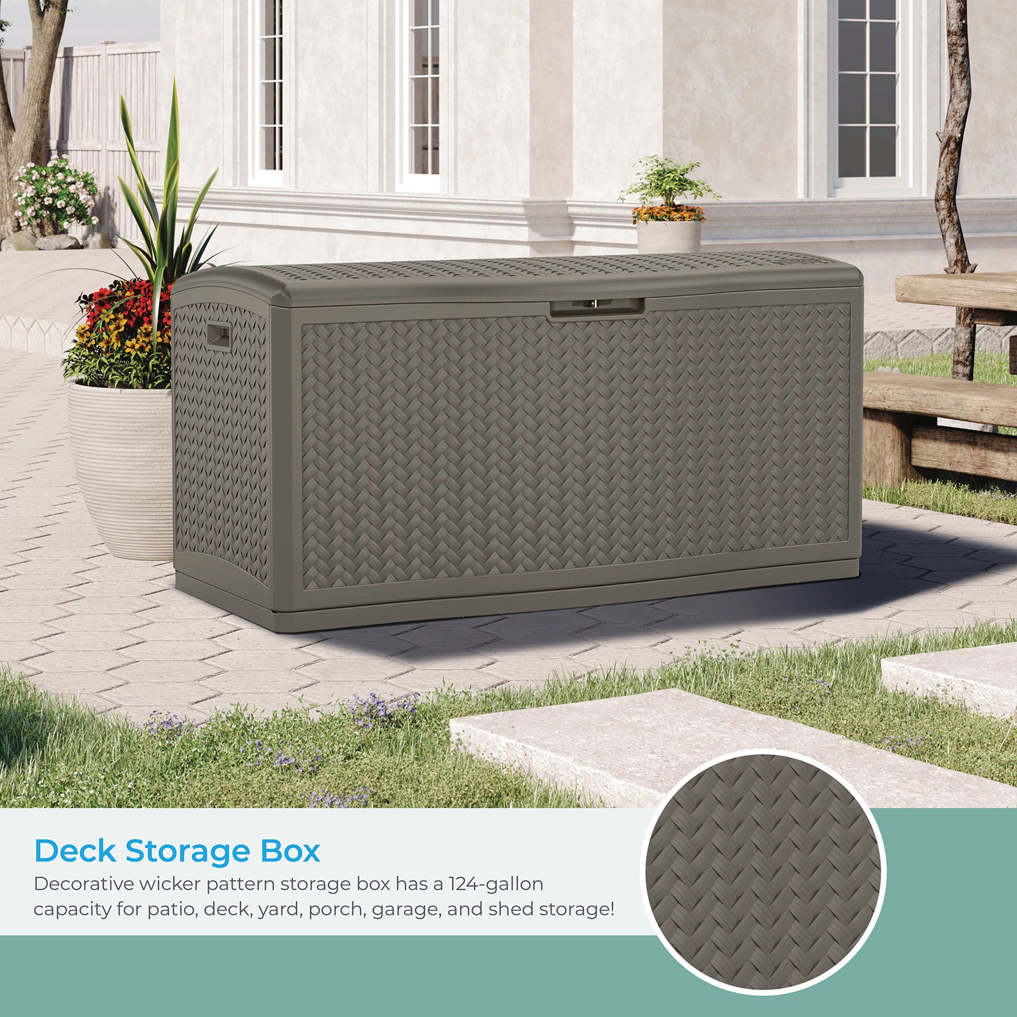Suncast 124 Gallon All-Weather Outdoor Herringbone Storage Deck Box, Stoney - VMInnovations