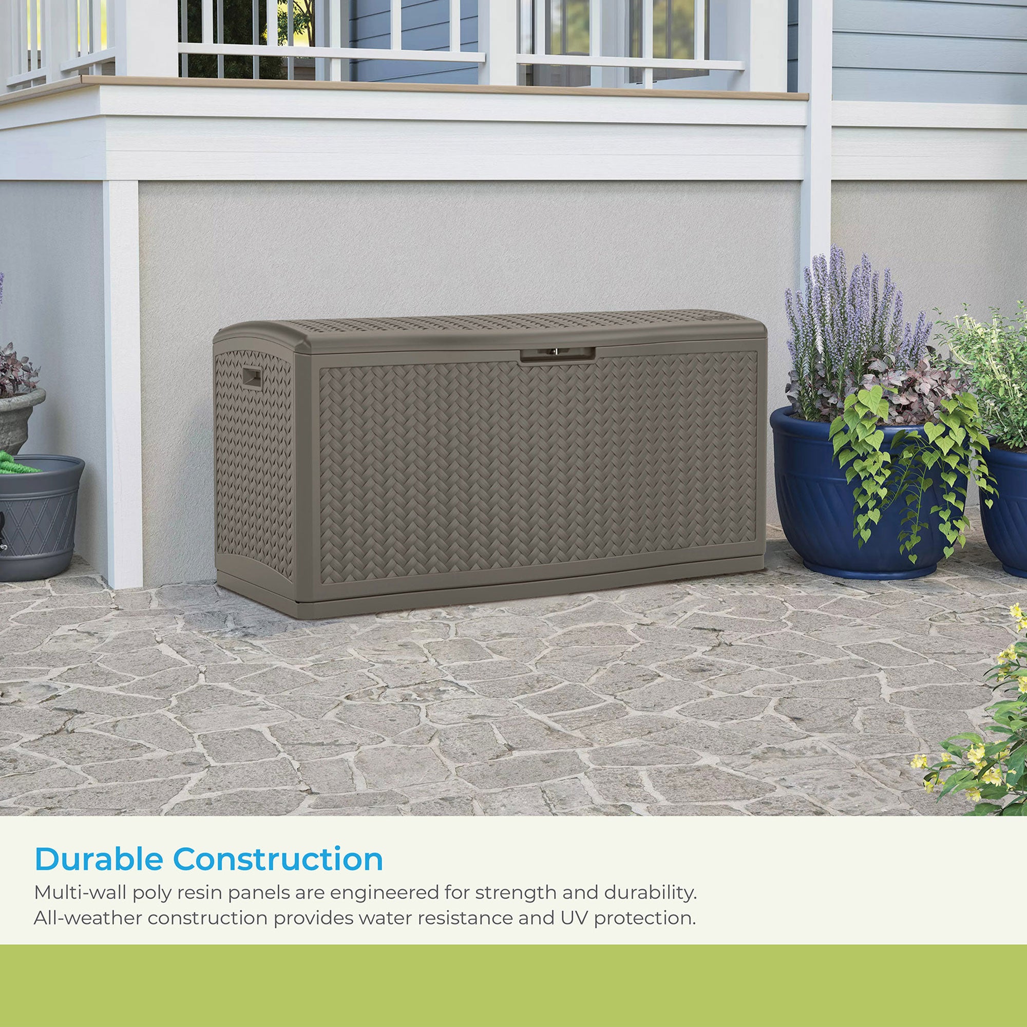 Suncast 124 Gallon All-Weather Outdoor Herringbone Storage Deck Box, Stoney - VMInnovations