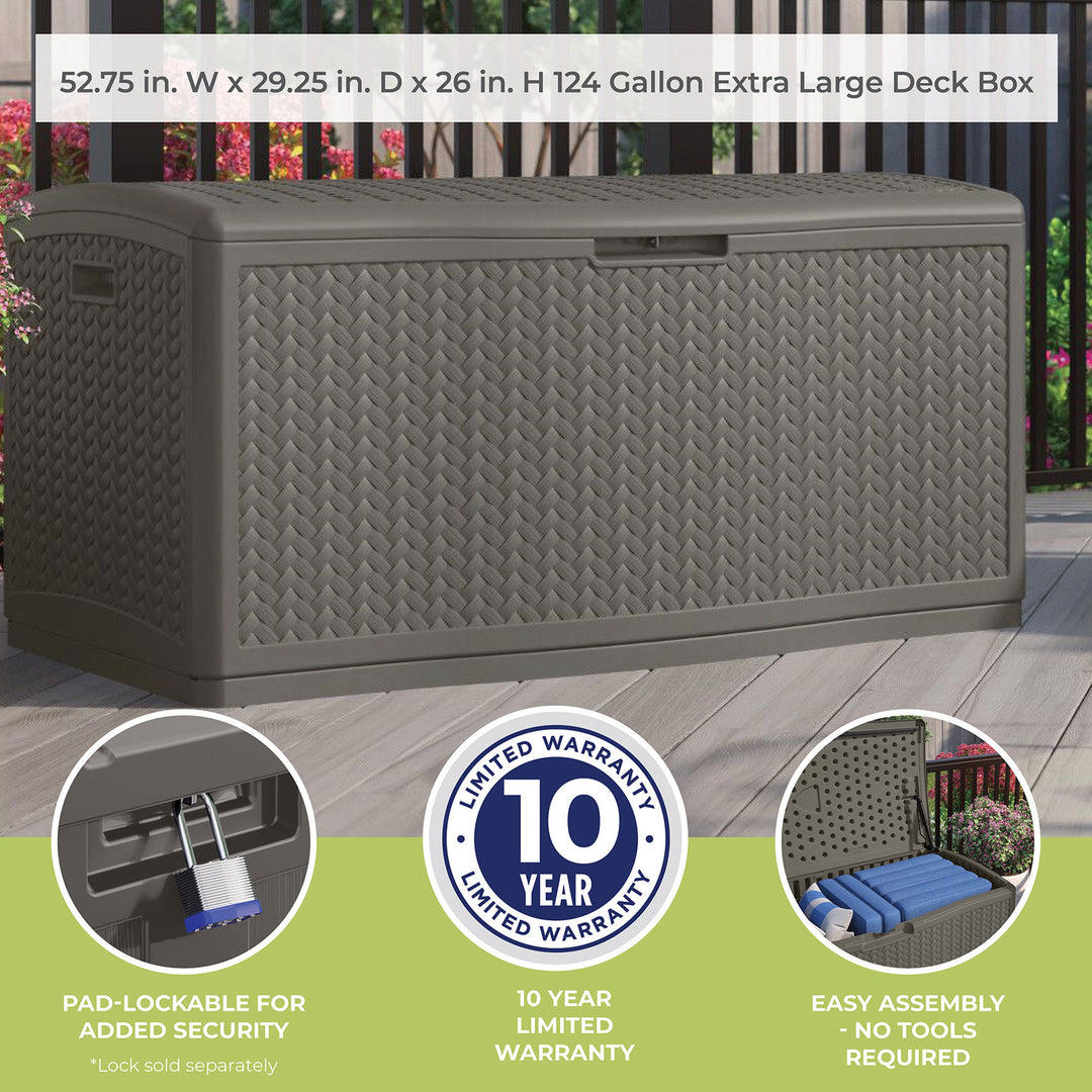 Suncast 124 Gallon All-Weather Outdoor Herringbone Storage Deck Box, Stoney