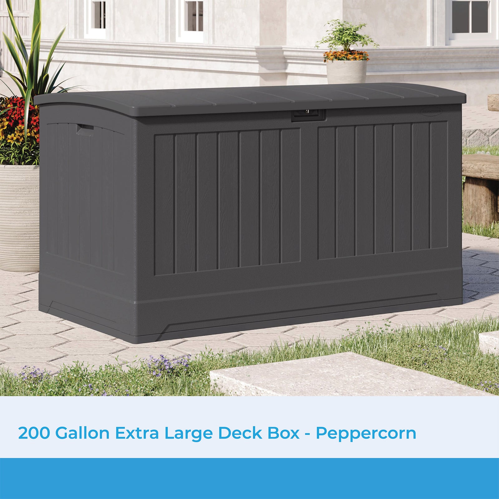 Suncast Decorative Lockable Large 200 Gallon Plastic Deck Storage Box, Gray - VMInnovations