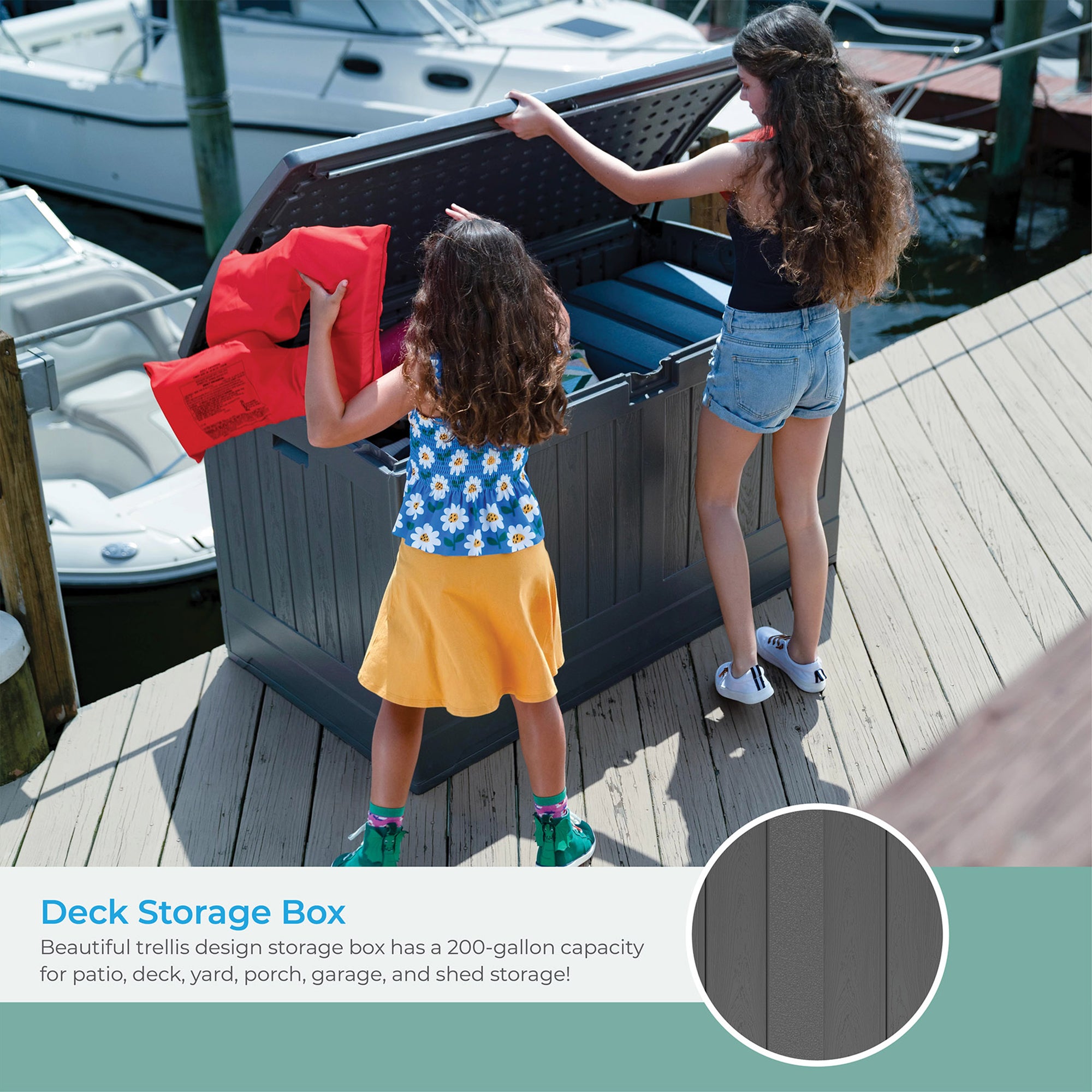 Suncast Decorative Lockable Large 200 Gallon Plastic Deck Storage Box, Gray - VMInnovations