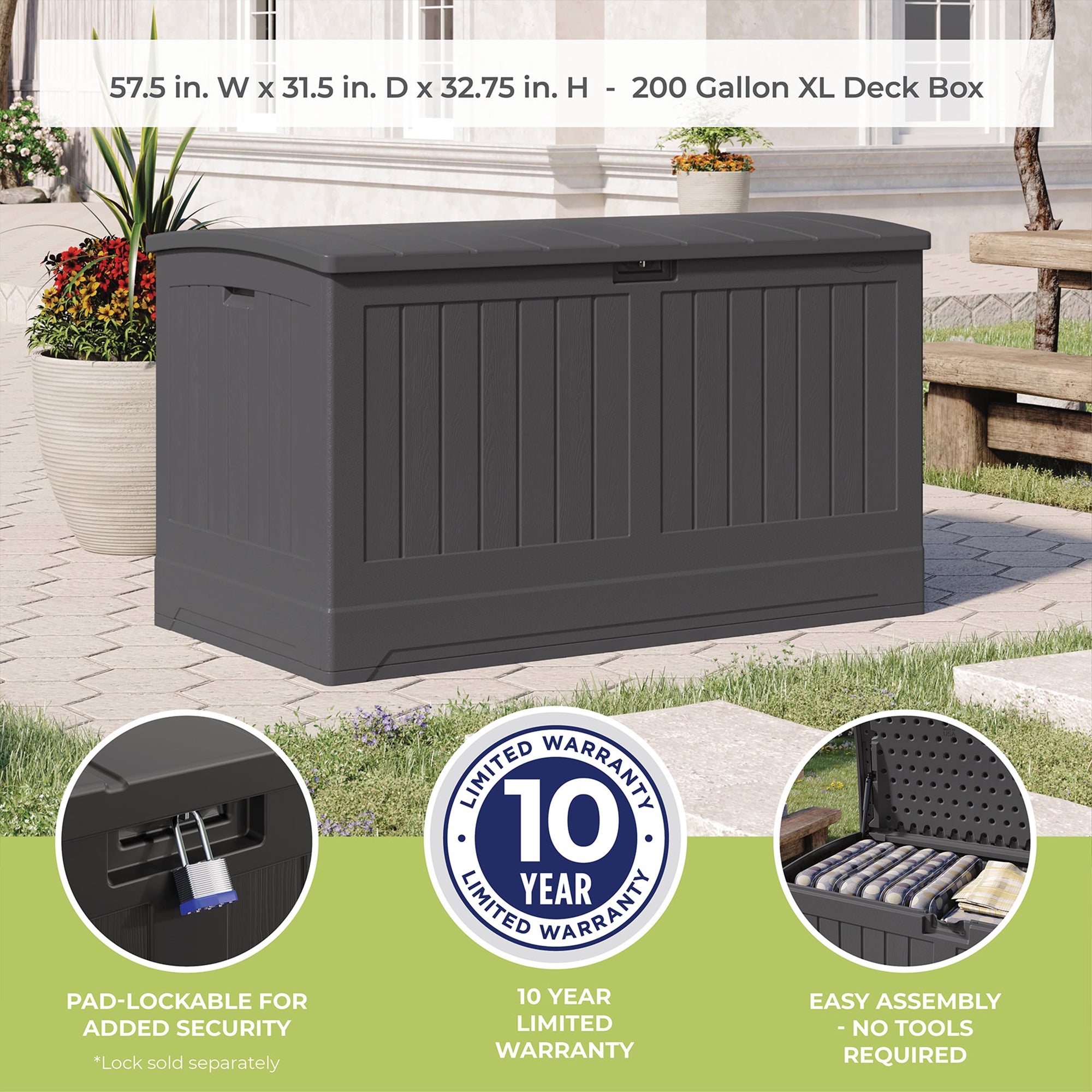 Suncast Decorative Lockable Large 200 Gallon Plastic Deck Storage Box, Gray - VMInnovations